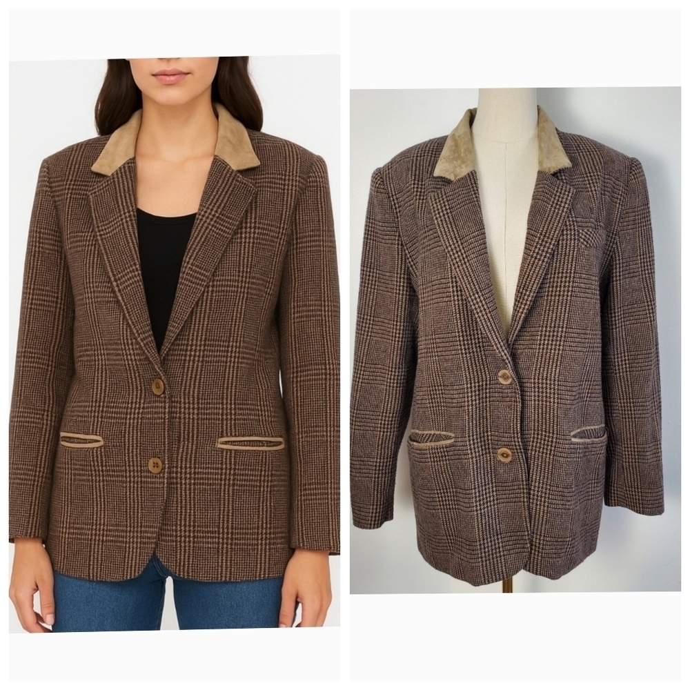 Vintage Jessica Sport Brown and Tan Plaid Blazer with Velvet Collar